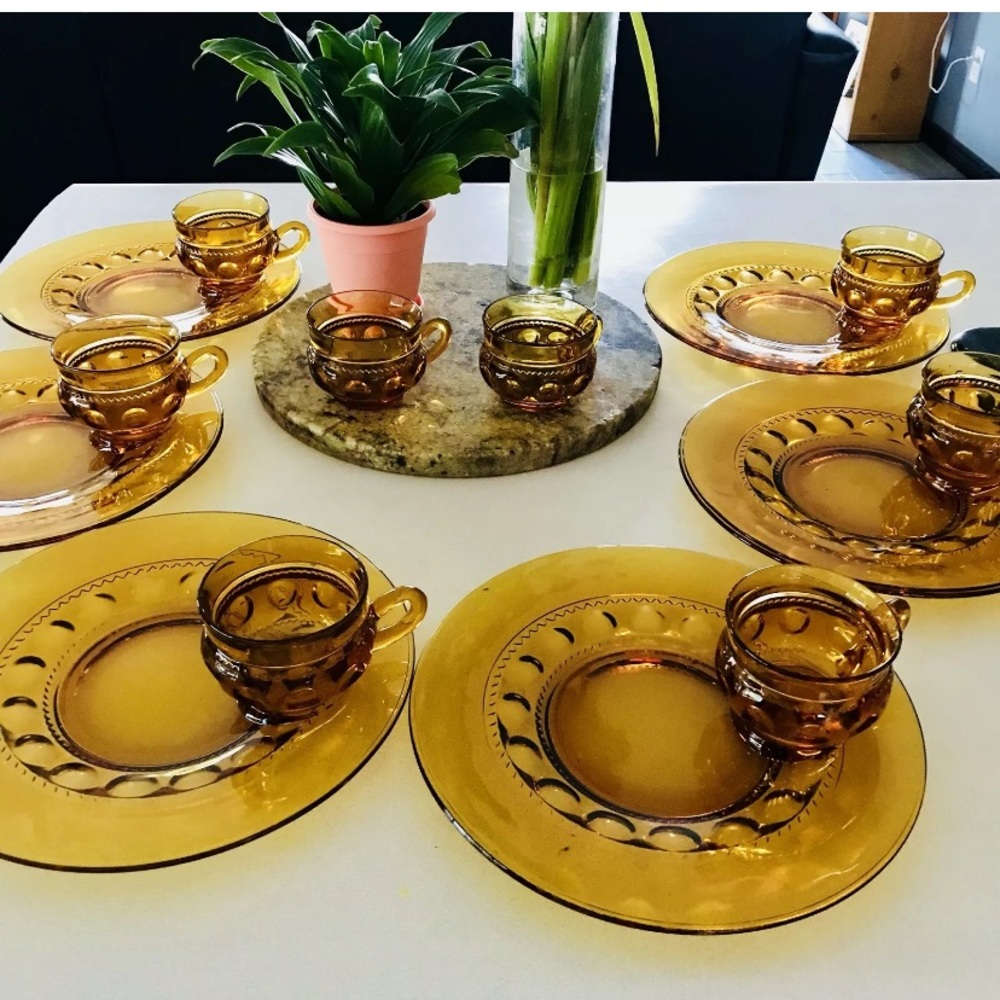 Vtg Colony 14 Piece Amber Snack Set Plates/Cups